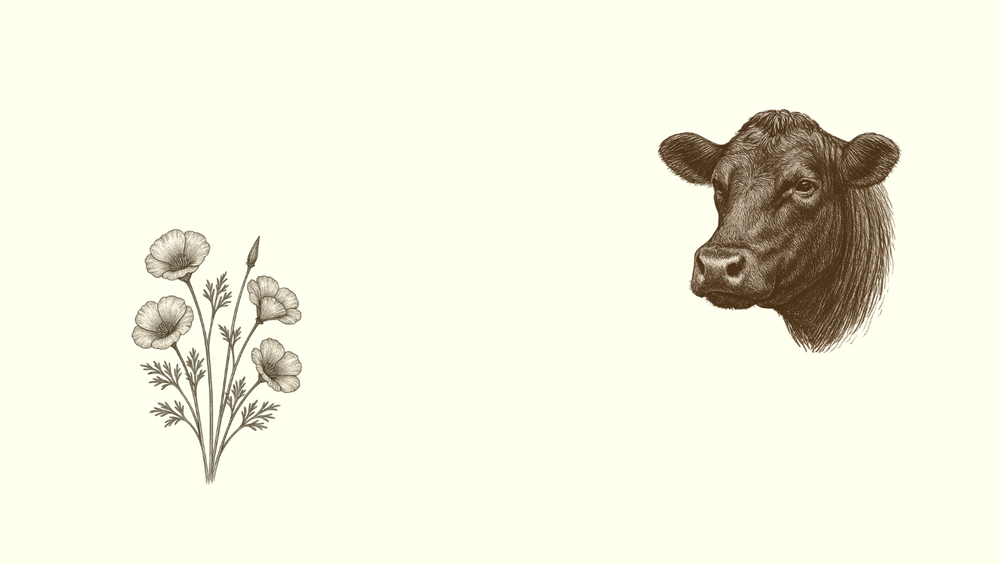 Illustration of a cow's head and flowers on a white background
