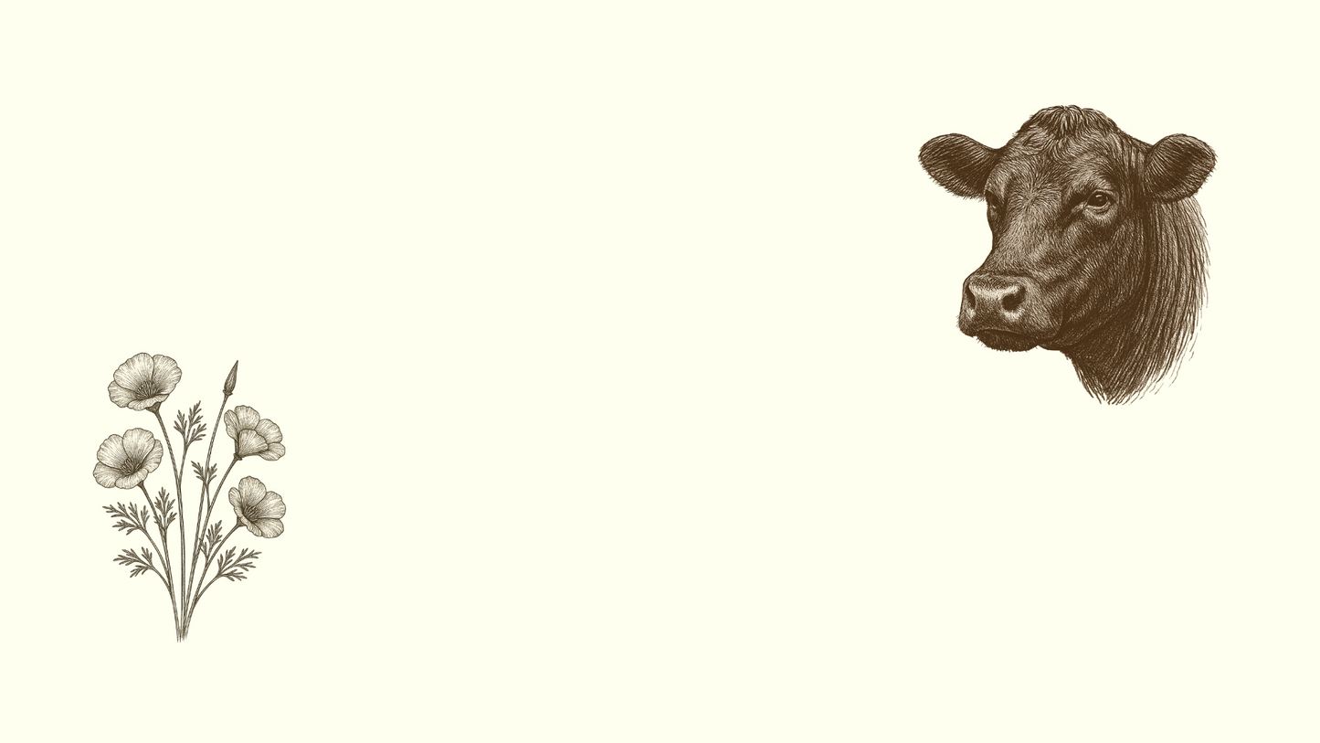 Illustration of a cow's head and flowers on a white background
