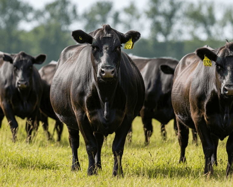 Group of black cows standing in a grassy field with trees in the background