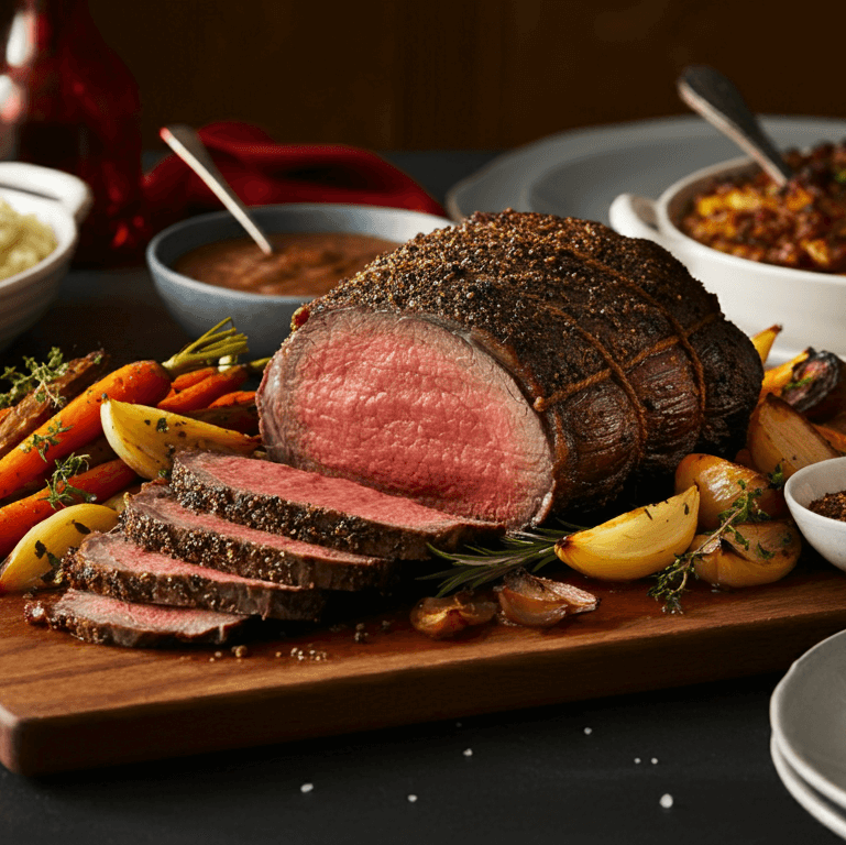 Roast beef with vegetables on a wooden board, surrounded by side dishes on a dark surface.