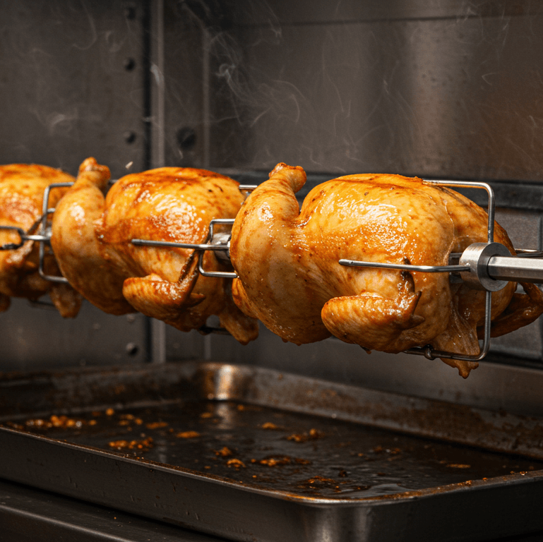 Four chickens on a rotisserie in an oven