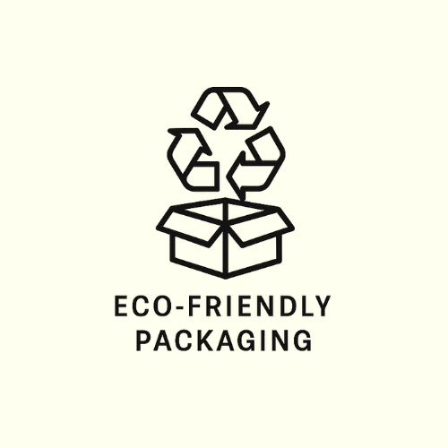 Icon of a box with recycling symbols and 'Eco-Friendly Packaging' text on a white background