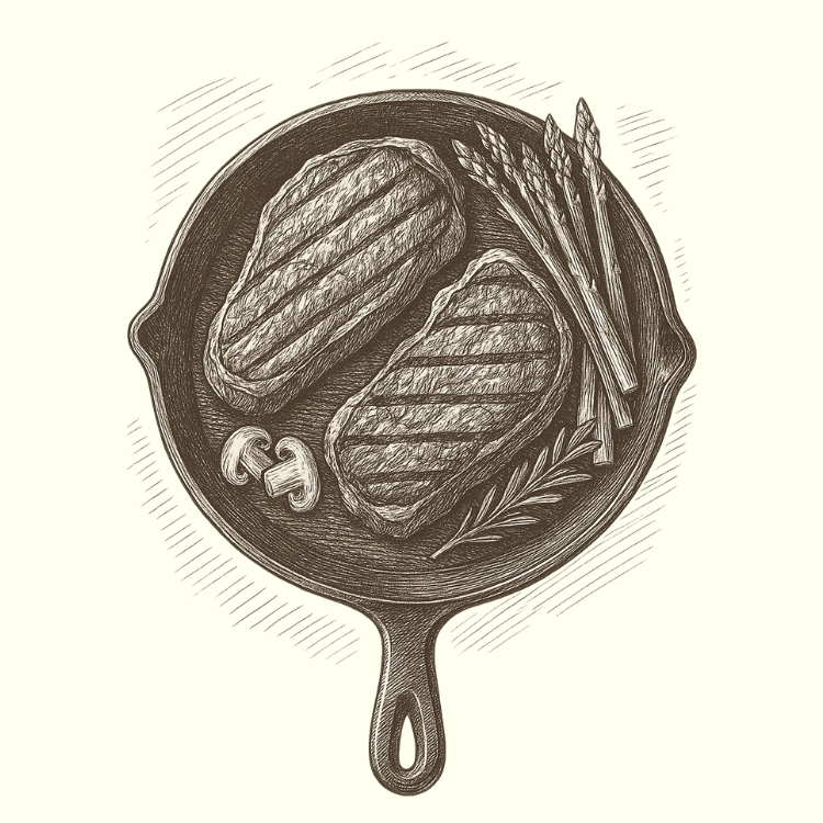 Illustration of two steaks on a skillet with asparagus, mushrooms, and herbs.