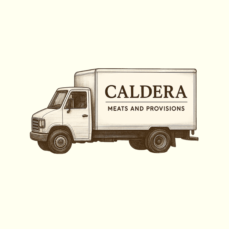 Illustration of a delivery truck with 'Caldera Meats and Provisions' on a white background