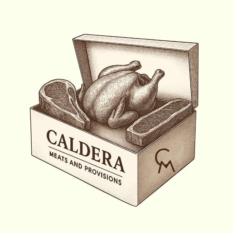 Illustration of a box containing a roasted chicken and cuts of meat, with 'Caldera Meats and Provisions' branding.