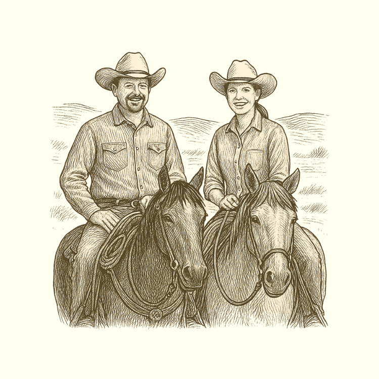 Illustration of a man and woman riding horses in a field.