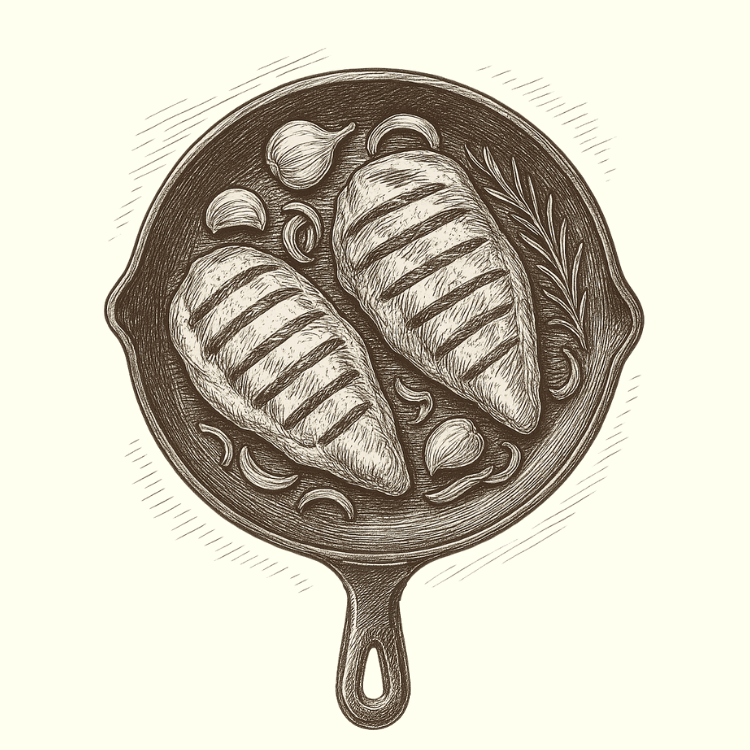 Illustration of grilled chicken breast in a pan with herbs and garlic on a white background