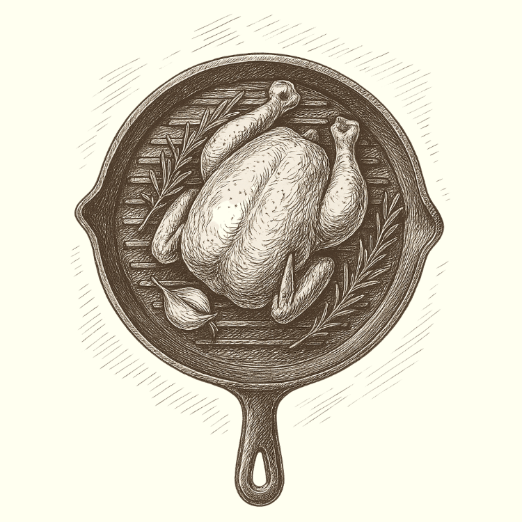 Illustration of a roasted chicken in a pan with herbs and garlic cloves on a white background